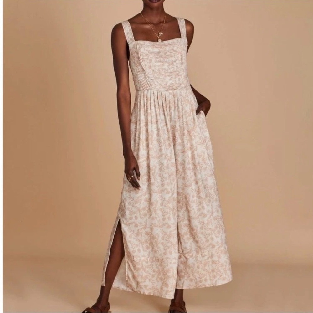 Sancia Lilah Floral Jumpsuit Medium Cream Tan Floral Pintuck Wide Leg Side Slit